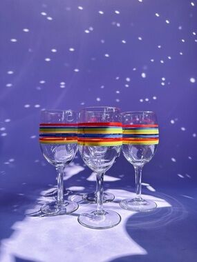Vintage Set of 4 Libbey Mambo Fiesta Stripped Red Green Blue Yellow Wine Glasses